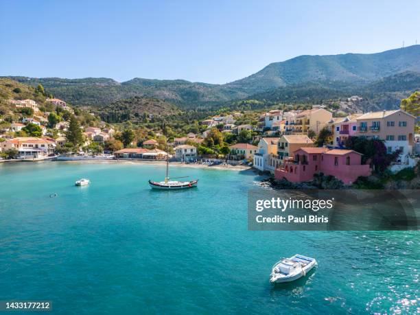 panoramic aerial view to the picturesque fishing village of assos, kefalonia, greece - assos grekland bildbanksfoton och bilder