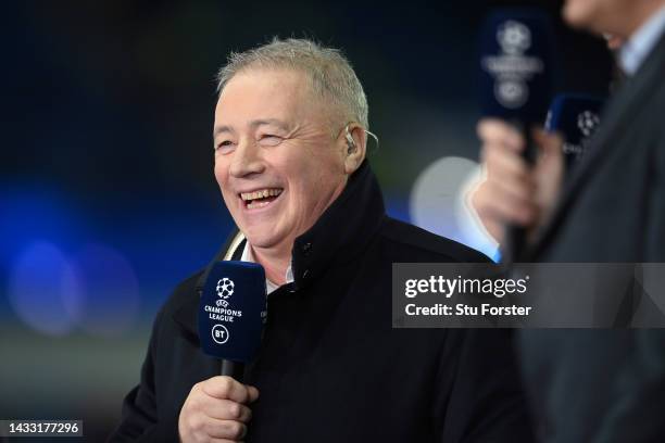 Former Rangers and Scotland striker Ally McCoist on BT television punditry duty during the UEFA Champions League group A match between Rangers FC and...