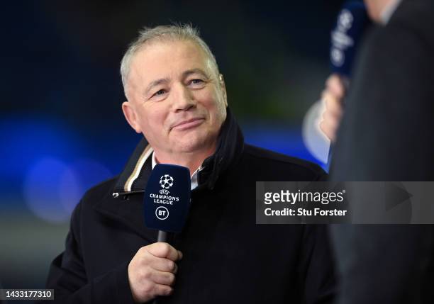 Former Rangers and Scotland striker Ally McCoist on BT television punditry duty during the UEFA Champions League group A match between Rangers FC and...