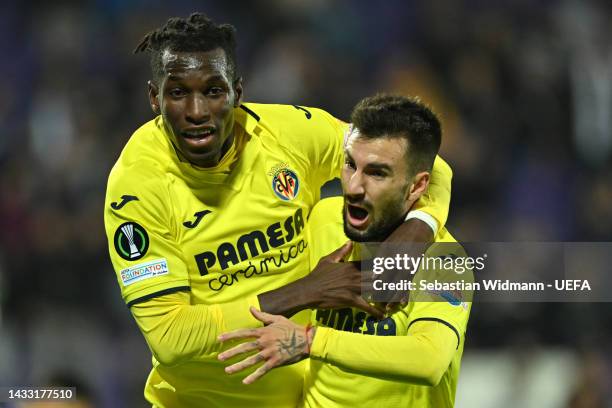 Nicolas Jackson celebrates with Alex Baena of Villarreal after scoring their team's first goal during the UEFA Europa Conference League group C match...