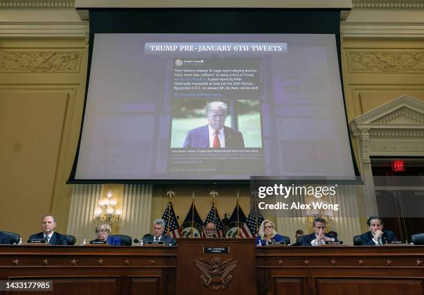 Tweet from former President Donald Trump is displayed during a hearing by the House Select Committee to Investigate the January 6th Attack on the...