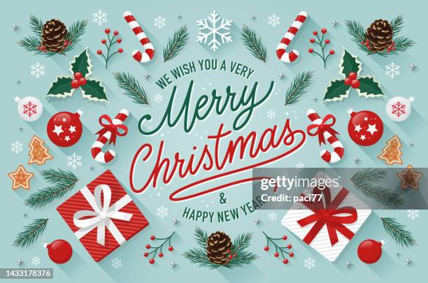 ilustraciones, imágenes clip art, dibujos animados e iconos de stock de tarjetas de felicitación de navidad con texto feliz navidad y feliz año nuevo. - decoración navideña