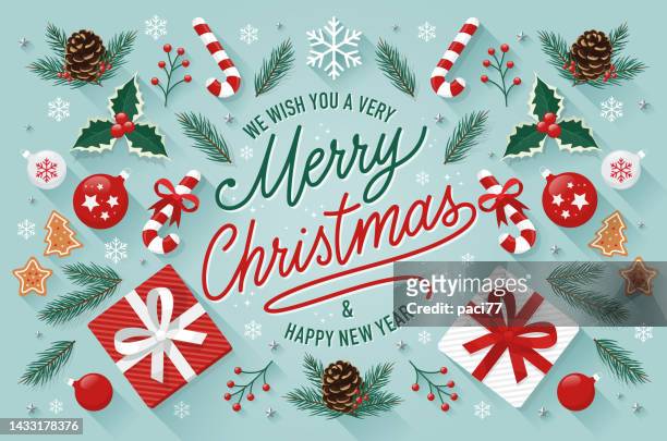 stockillustraties, clipart, cartoons en iconen met christmas greeting cards with text merry christmas and happy new year. - kerstversiering