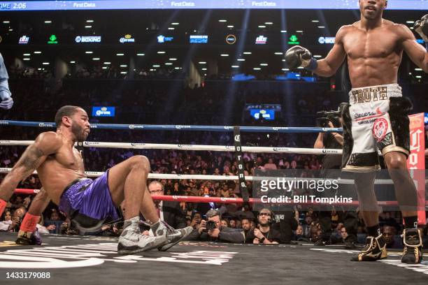 January 20: Errol Spence Jr defeats Lamont Peterson by RTD in the 10th round in their Championship Welterweight fight at the Barclay Center in...