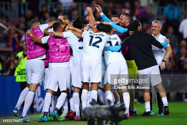 Lautaro Martinez of FC Internazionale celebrates scoring his side's 2nd goal with his teammates during the UEFA Champions League group C match...