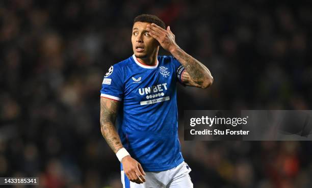 Rangers player James Tavernier reacts dejectedly after the UEFA Champions League group A match between Rangers FC and Liverpool FC at Ibrox Stadium...