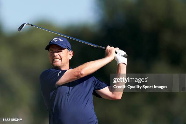 David Drysdale of Scotland watches his shot during Day One of the Estrella Damm N.A. Andalucía Masters at Real Club Valderrama on October 13, 2022 in...