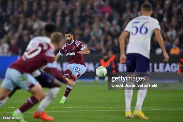 Said Benrahma of West Ham United scores their team's first goal from a free kick during the UEFA Europa Conference League group B match between West...