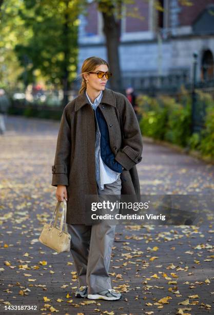 Lois Schindeler wears grey coat, blue white striped button shirt, navy puffer jacket, grey pants, beige bag, sneakers, sunglasses on October 13, 2022...