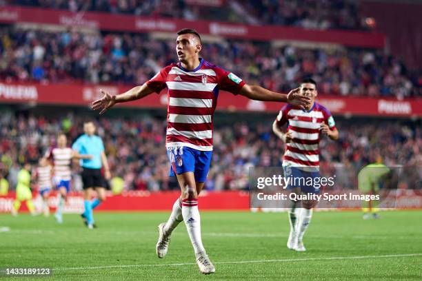 Myrto Uzuni of Granada CF celebrates after scoring his team's second goal during the LaLiga Smartbank match between Granada CF and Sporting de Gijon...