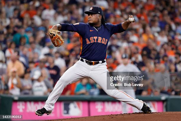 Framber Valdez of the Houston Astros delivers a pitch against the Seattle Mariners during the first inning in game two of the American League...