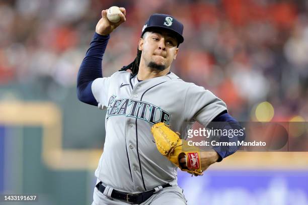 Luis Castillo of the Seattle Mariners delivers a pitch against the Houston Astros during the second inning in game two of the American League...