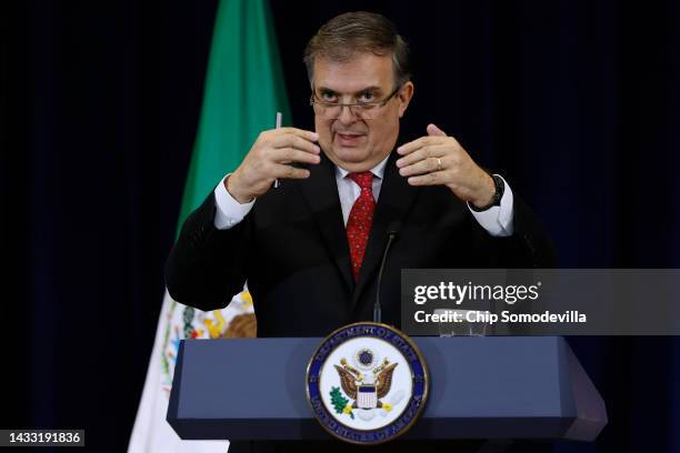 Mexican Foreign Secretary Marcelo Ebrard answers a reporter's question during a news conference with his U.S. Counterparts at the State Department on...