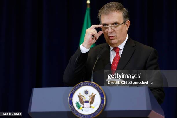 Mexican Foreign Secretary Marcelo Ebrard answers a reporter's question during a news conference with his U.S. Counterparts at the State Department on...