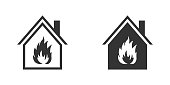 Fire in house icon. House building with flames inside. Vector illustration.