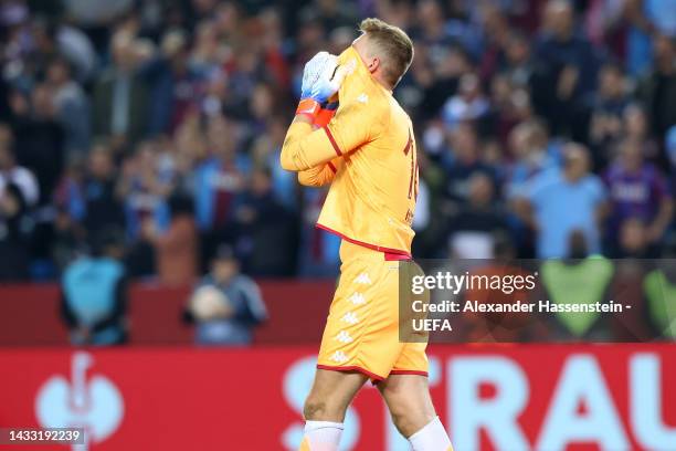 Alexander Nubel of AS Monaco looks dejected after conceding an own goal during the UEFA Europa League group H match between Trabzonspor and AS Monaco...