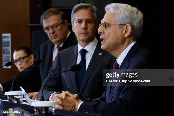Mexican Security Secretary Rosa Rodriguez and Foreign Secretary Marcelo Ebrard hold a news conference with their U.S. Counterparts Secretary of State...