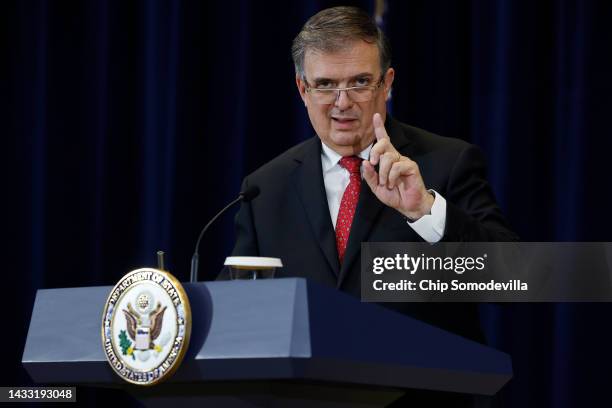 Mexican Foreign Secretary Marcelo Ebrard answers a reporter's question during a news conference with his U.S. Counterparts at the State Department on...