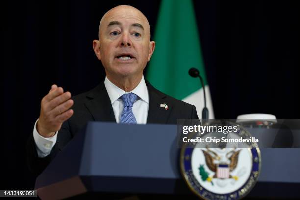 Homeland Security Secretary Alejandro Mayorkas answers a reporter's question during a news conference with Mexican counterparts at the State...