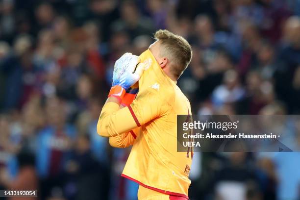 Alexander Nubel of AS Monaco looks dejected after conceding an own goal during the UEFA Europa League group H match between Trabzonspor and AS Monaco...