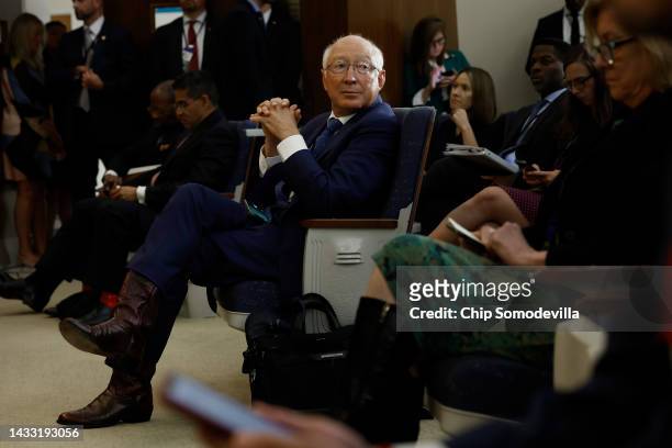 Ambassador to Mexico Ken Salazar attends a joint news conference with leaders from the U.S. And Mexico at the State Department on October 13, 2022 in...