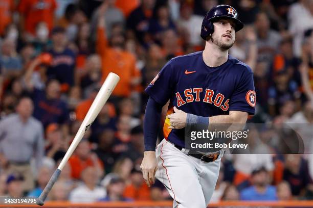 Kyle Tucker of the Houston Astros flips his bat after hitting a home run against the Seattle Mariners during the second inning in game two of the...