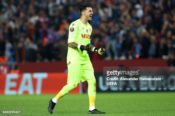 Ugurcan Cakir of Trabzonspor celebrates after Vitor Hugo of Trabzonspor scores their side's second goal during the UEFA Europa League group H match...