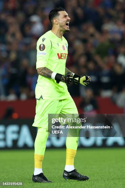 Ugurcan Cakir of Trabzonspor celebrates after Vitor Hugo of Trabzonspor scores their side's second goal during the UEFA Europa League group H match...