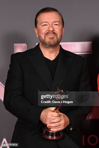 Ricky Gervais with the Comedy Award for 'After Life' in the winners' room at the National Television Awards 2022 at OVO Arena Wembley on October 13,...