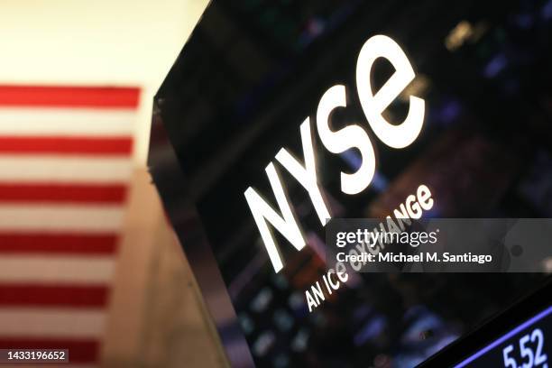 The New York Stock Exchange logo is seen during afternoon trading on October 13, 2022 in New York City. U.S. Stocks rose dramatically after falling...