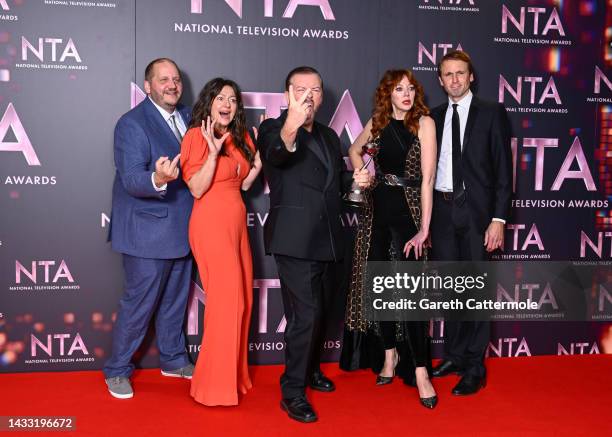 Tony Way, Jo Hartley, Ricky Gervais, Diane Morgan and Tom Basden with the Best Comedy award for 'After Life', in the winners' room at the National...