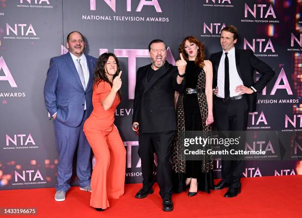 Tony Way, Jo Hartley, Ricky Gervais, Diane Morgan and Tom Basden with the Best Comedy award for 'After Life', in the winners' room at the National...