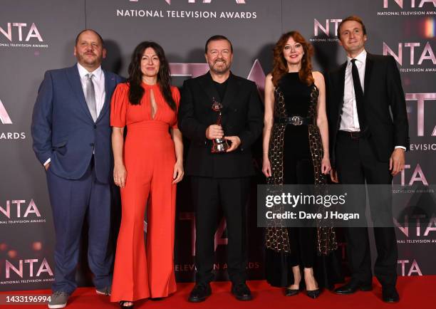 Tony Way, Jo Hartley, Ricky Gervais, Diane Morgan and Tom Basden with the Comedy Award for 'After Life' in the winners' room at the National...