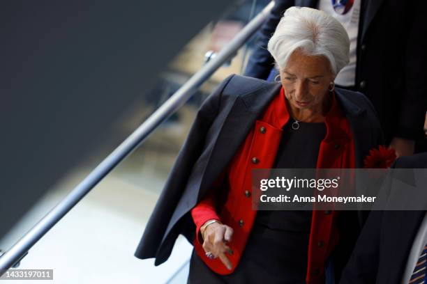 President of the European Central Bank Christine Lagarde walks to a meeting for the IMF and World Bank Annual Meetings at the International Monetary...