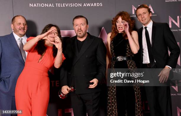 Tony Way, Jo Hartley, Ricky Gervais, Diane Morgan and Tom Basden with the Comedy Award for 'After Life' in the winners' room at the National...