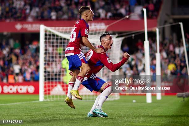 Jose Callejon of Granada CF celebrates after scoring his team's fourth goal during the LaLiga Smartbank match between Granada CF and Sporting de...