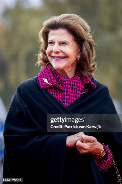 Queen Silvia of Sweden visits the Volvo Truck Experience Center on day 3 of a visit to Sweden on October 13, 2022 in Goteborg, Sweden.