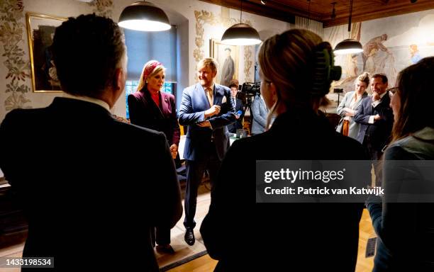 King Willem-Alexander of The Netherlands and Queen Maxima of The Netherlands during a press conference on day 3 of a visit to Sweden on October 13,...