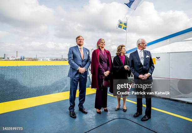 King Willem-Alexander of The Netherlands, Queen Maxima of The Netherlands, King Carl XVI Gustaf of Sweden and Queen Silvia of Sweden during a boat...