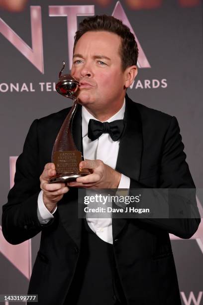Stephen Mulhern collects the TV Presenter Award on behalf of Ant & Dec in the winners' room at the National Television Awards 2022 at OVO Arena...