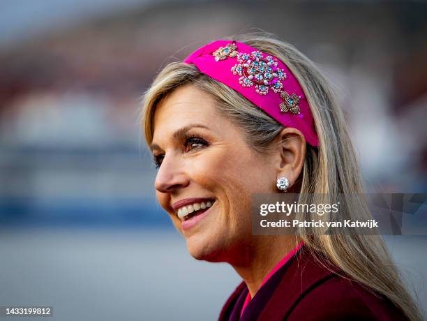 Queen Maxima of The Netherlands during a boat trip through the harbor on day 3 of a visit to Sweden on October 13, 2022 in Goteborg, Sweden.