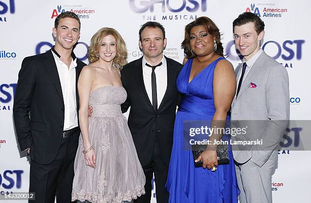 Richard Fleeshman, Caissie Levy, Matthew Warchus, Da'Vine Joy Randolph and Bryce Pinkham attend the after party for the Broadway opening night of...