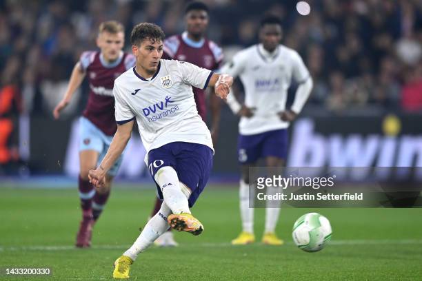 Sebastiano Esposito of Anderlecht scores their team's first goal from the penalty spotduring the UEFA Europa Conference League group B match between...