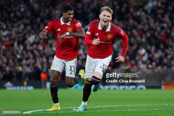 Scott McTominay celebrates with Marcus Rashford of Manchester United after scoring their team's first goal during the UEFA Europa League group E...