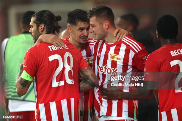 Robin Knoche of 1.FC Union Berlin celebrates scoring their side's first goal from a penalty with teammates during the UEFA Europa League group D...