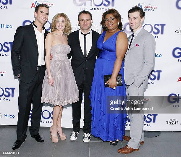 Richard Fleeshman, Caissie Levy, Matthew Warchus, Da'Vine Joy Randolph and Bryce Pinkham attend the after party for the Broadway opening night of...