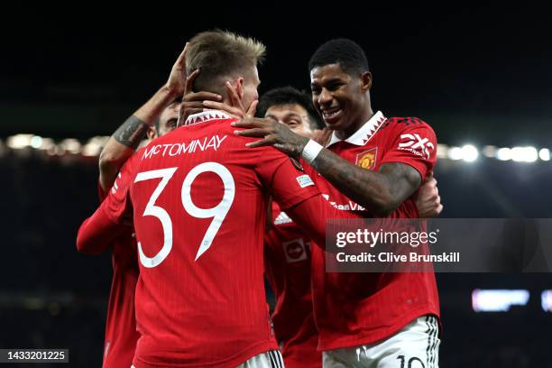 Scott McTominay of Manchester United celebrates with teammates after scoring their team's first goal during the UEFA Europa League group E match...