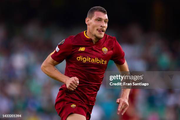 Andrea Bellotti of AS Roma in action during the UEFA Europa League group C match between Real Betis and AS Roma at Estadio Benito Villamarin on...