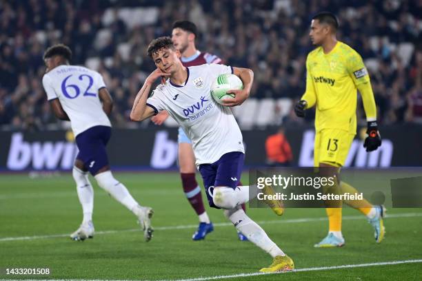 Sebastiano Esposito of Anderlecht celebrates after scoring their team's first goal from the penalty spot during the UEFA Europa Conference League...