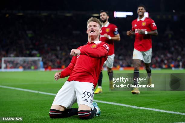 Scott McTominay of Manchester United celebrates after scoring their team's first goal during the UEFA Europa League group E match between Manchester...